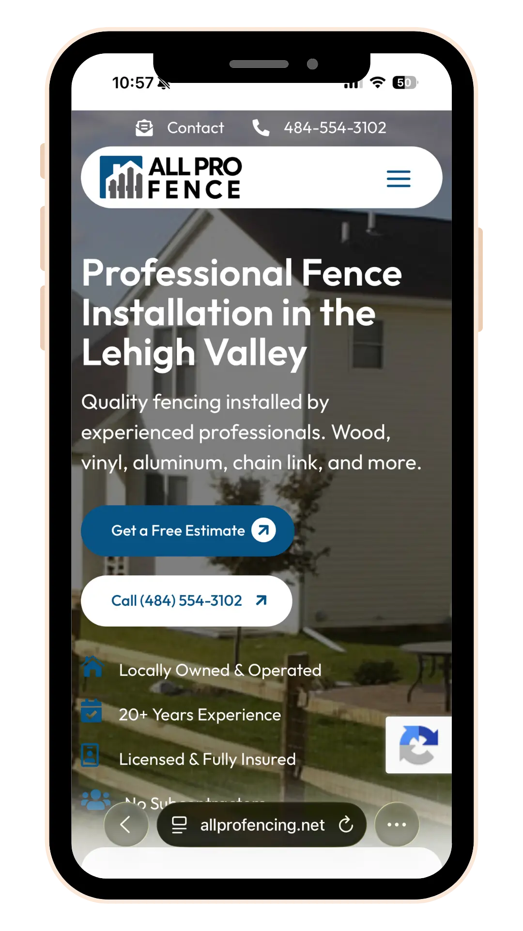 Client website displayed on a mobile phone