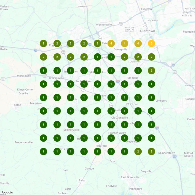 Map grid showing local search visibility across a service area
